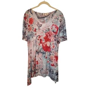 Blue Mood Floral Asymmetrical Hem Longer Tunic Ladies XL Boho Hippie Roses
